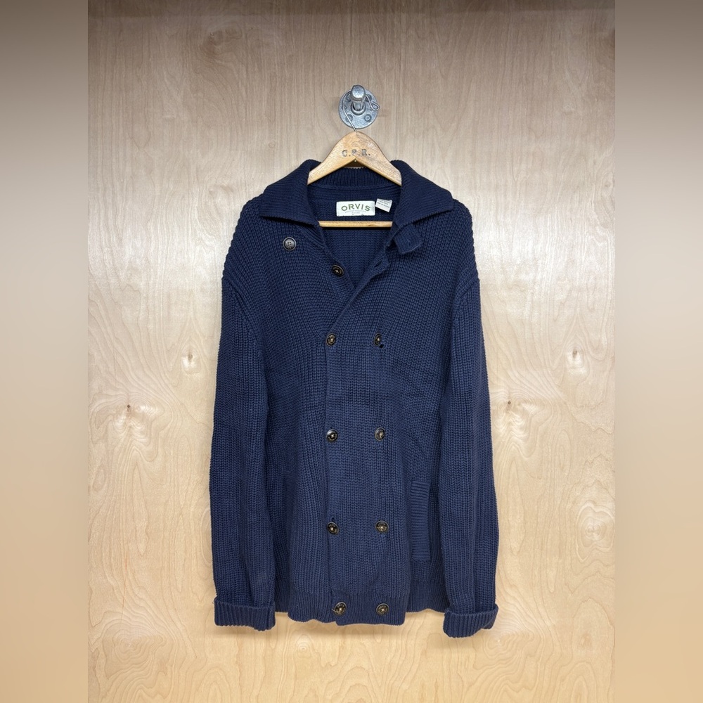 Orvis Double Breasted Dark Blue Cotton Knit Sweater